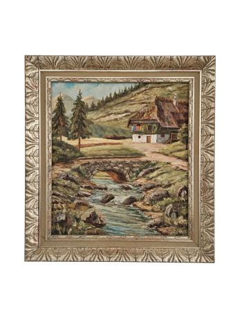 Thatched Cottage - Danish Midcentury oil painting