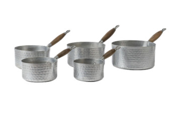 Set Of Five French Aluminium Pots With Hammered Finish