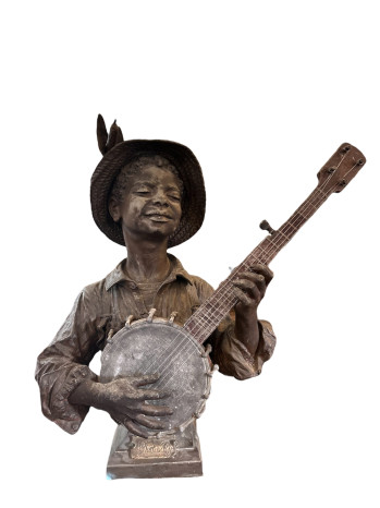 French Bronze Boy Playing Banjo Sculpture