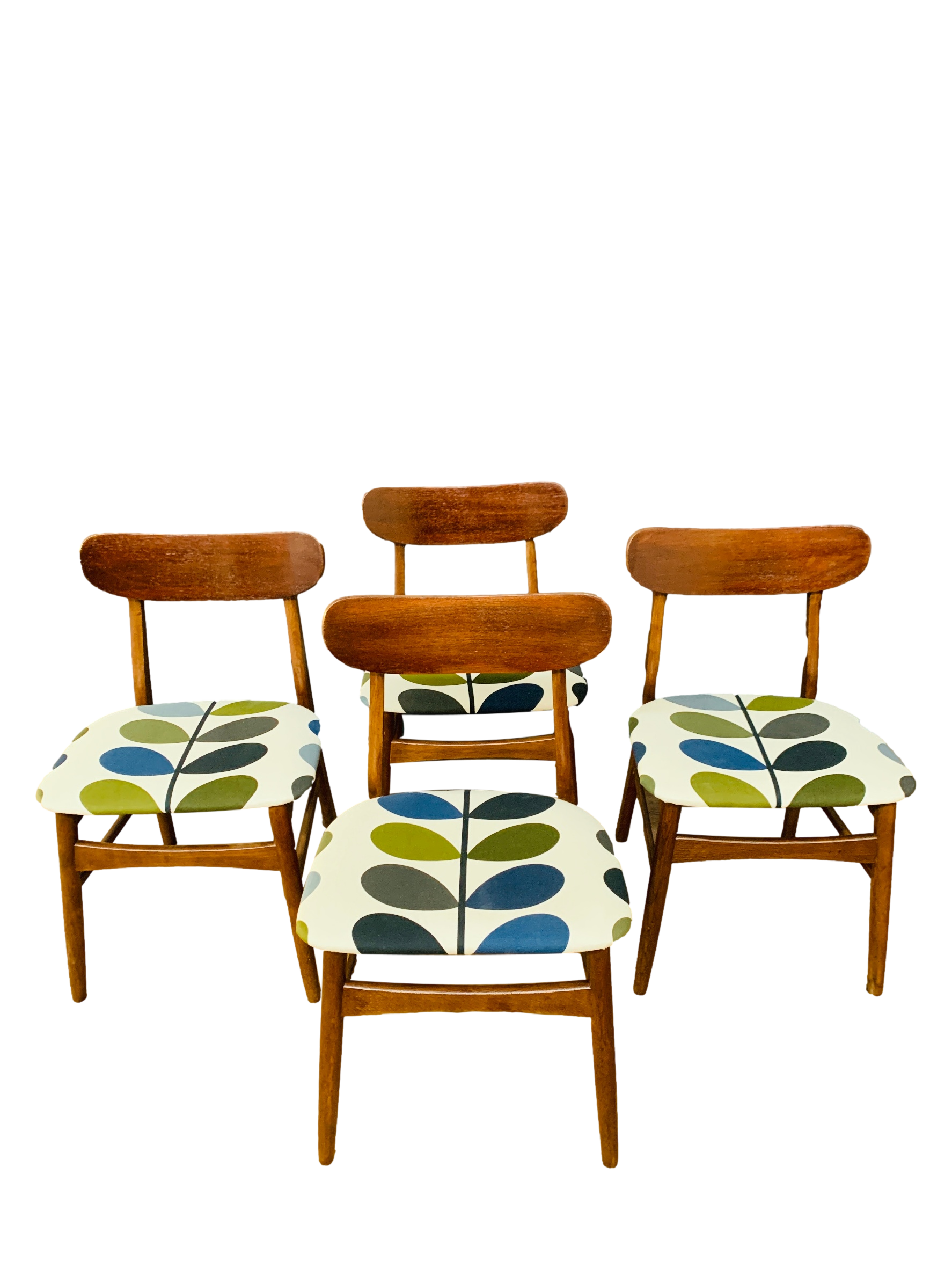 Preowned & Refurbished MID CENTURY Four Restored Danish Dining Chairs with Orla Kiely Multi