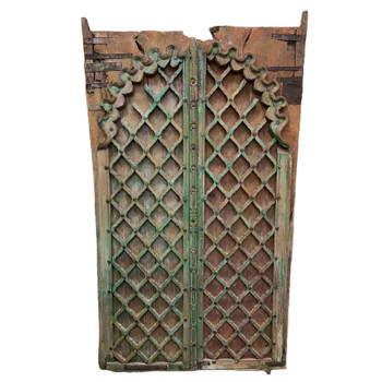 Aged Teak Lattice Indian Doors with Green Accents