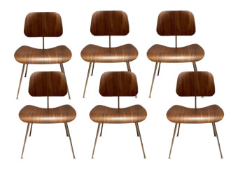 Set of 6 Eames Walnut Veneer Moulded Plywood Dining Chairs