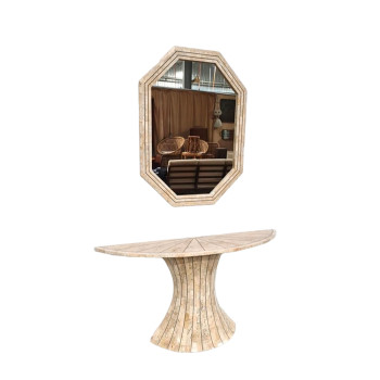 1980s Travertine Table and Mirror Set