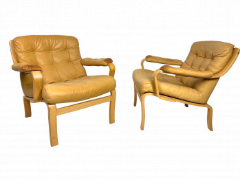 Scandinavian Leather Mid Century Lounge Chairs