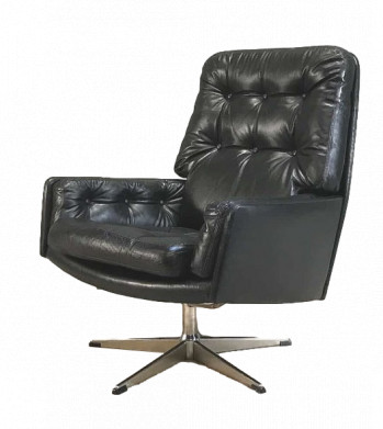Danish Black Leather Swivel Chair
