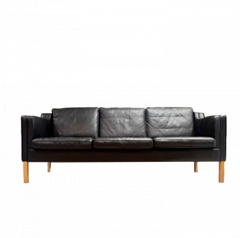 Danish Black Leather Three Seater Sofa