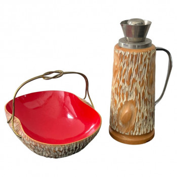 Italian Hand Carved Basket and Thermos Bottle 1950s