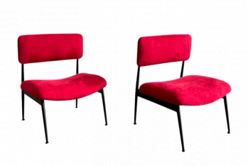 Pair of Italian Low Chairs in Red Suede