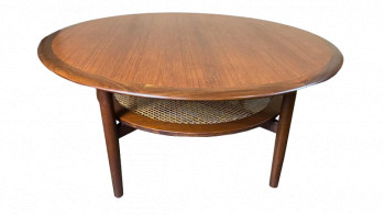 Round Danish Coffee Table With Rattan Shelf