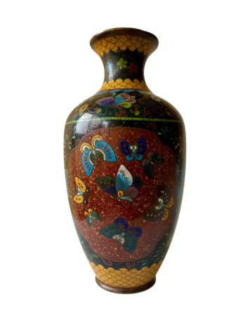 Meiji Period Japanese Cloisonne Black Enamel Vase 
