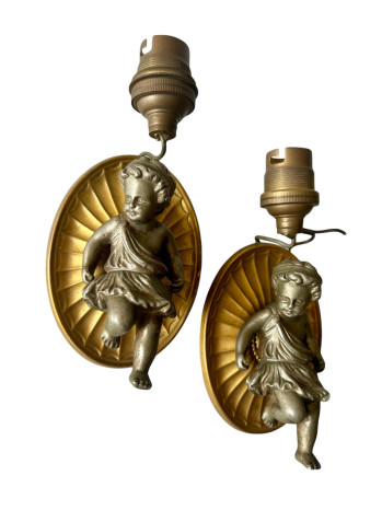 Pair of French Bronze Putti Figure Wall Sconces