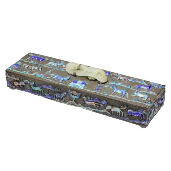 Brass Box With Jade Handle and Enamel Detail