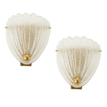 Pair of Frosted Murano and Brass Shell Wall Sconce