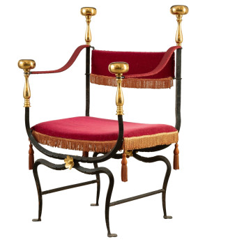 Wrought Iron and Brass Curule Savonarola Chair