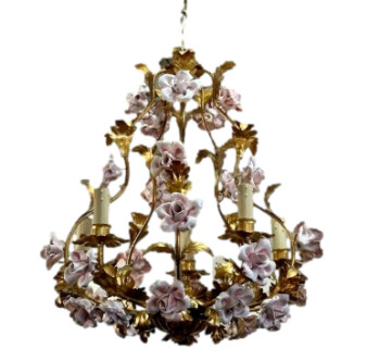 Pair of 19th Century Italian Gilt Metal Leaf and Porcelain Flower Chandeliers