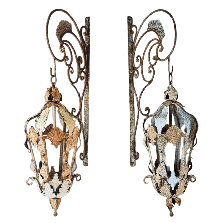 Pair of Wrought Iron Lanterns with Wall Brackets