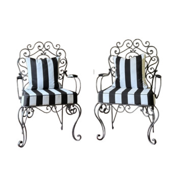 Pair of Upholstered French Wrought Iron Chairs