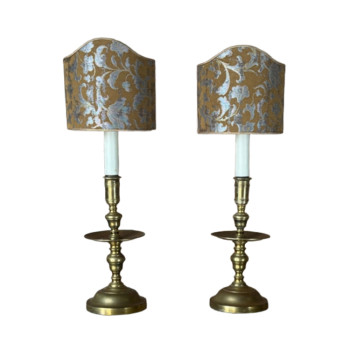 Pair of 19th Century Brass Candlestick Lamps with Italian Made Shield Shades