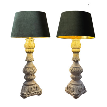 Pair of Carved Timber Lamps with Velvet Shades