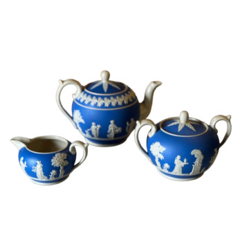 3 Piece Copeland Jasperware Tea Set Blue and White