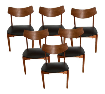 Set of Six Teak and Black Leather Chairs